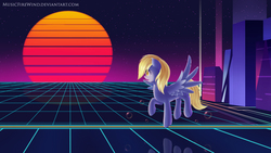 Size: 1920x1080 | Tagged: safe, artist:wavecipher, derpy hooves, pegasus, pony, g4, female, mare, retrowave, solo, synthwave grid