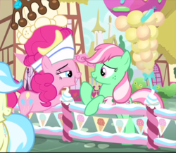 Size: 889x771 | Tagged: safe, screencap, minty (g4), pinkie pie, earth pony, pony, g4, interseason shorts, sundae sundae sundae, cropped, duo focus, female, freckles, hat, leaning, lidded eyes, looking at each other, mare, open mouth, raised hoof