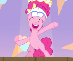 Size: 839x698 | Tagged: safe, screencap, pinkie pie, earth pony, pony, g4, interseason shorts, sundae sundae sundae, bipedal, cropped, curtains, cute, diapinkes, eyes closed, female, hat, mare, open mouth, raised hoof, smiling, solo, underhoof