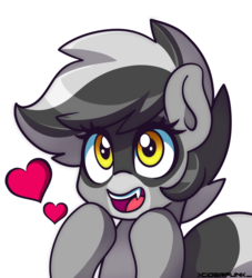 Size: 1775x1953 | Tagged: safe, artist:ciderpunk, oc, oc only, oc:bandy cyoot, pony, raccoon pony, cute, fangs, female, happy, heart, open mouth, simple background, smiling, solo, white background