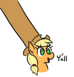 Size: 437x460 | Tagged: safe, artist:jargon scott, applejack, earth pony, pony, g4, applejack's hat, bust, cowboy hat, cute, dialogue, doug dimmadome, female, giant hat, hat, impossibly large hat, jackabetes, mare, no pupils, open mouth, simple background, smiling, solo, stetson, ten gallon hat, text, wat, white background, y'all