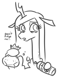 Size: 390x520 | Tagged: safe, artist:jargon scott, queen chrysalis, changeling, changeling queen, g4, bag, bags under eyes, black and white, bug spray, bust, dialogue, female, grayscale, huffing, implied drug use, implied self harm, monochrome, paper bag, self harm, simple background, solo, white background