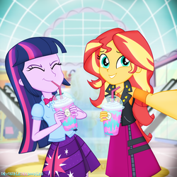 Size: 2200x2200 | Tagged: safe, artist:invisibleink, sunset shimmer, twilight sparkle, equestria girls, equestria girls series, g4, bowtie, canterlot mall, clothes, cute, geode of empathy, high res, jacket, leather, leather jacket, magical geodes, milkshake, pleated skirt, selfie, show accurate, skirt, smiling, straw, unicorn frappuccino