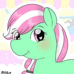 Size: 768x768 | Tagged: safe, artist:parn, minty (g4), earth pony, pony, g4, female, heart, heart eyes, looking at you, mare, signature, smiling, wingding eyes