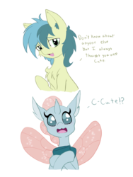 Size: 3024x4032 | Tagged: safe, artist:steelsoul, ocellus, sandbar, changedling, changeling, earth pony, pony, g4, :3, blushing, cheek fluff, chest fluff, cute, dialogue, diaocelles, ear fluff, embarrassed, female, interspecies, lidded eyes, looking away, looking up, male, open mouth, ship:ocelbar, shipping, shy, simple background, sitting, smiling, sparkles, spread wings, straight, surprised, teenager, text, transparent background, wide eyes, wings