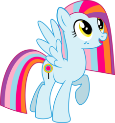 Size: 1003x1068 | Tagged: safe, artist:chipmagnum, oc, oc only, oc:dolly flash, pegasus, pony, g4, female, freckles, mare, multicolored mane, multicolored tail, open mouth, raised hoof, simple background, solo, spread wings, tail, transparent background, wings