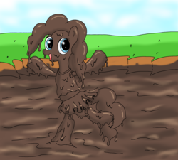 Size: 2000x1800 | Tagged: safe, artist:amateur-draw, pinkie pie, earth pony, pony, g4, bipedal, cheerleader, cheerleader outfit, clothes, covered in mud, female, happy, looking at you, mare, messy, mud, mud pony, muddy, one leg raised, skirt, solo, wet and messy