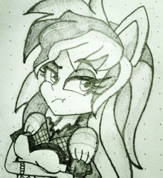 Size: 940x1026 | Tagged: safe, artist:galacticflashd, rainbow dash, equestria girls, g4, secrets and pies, alternate hairstyle, breasts, busty rainbow dash, crossed arms, evil pie hater dash, female, monochrome, ponied up, rainbow dash is not amused, raised eyebrow, sketch, solo, traditional art, unamused