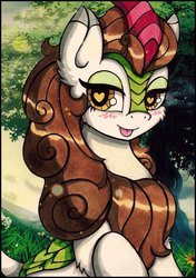 Size: 1445x2048 | Tagged: safe, artist:canvymamamoo, autumn blaze, kirin, g4, sounds of silence, blushing, female, grass, heart eyes, solo, tongue out, tree, wingding eyes