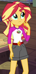 Size: 362x734 | Tagged: safe, screencap, sci-twi, sunset shimmer, twilight sparkle, equestria girls, g4, legend of everfree, camp everfree logo, camp everfree outfits, clothes, cropped, female, legs, offscreen character, shorts, thinking