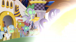 Size: 1920x1080 | Tagged: safe, screencap, carrot cake, carrot top, cup cake, doctor fauna, golden harvest, pound cake, pumpkin cake, spike, starlight glimmer, dragon, earth pony, pegasus, pony, unicorn, g4, season 9, the beginning of the end, adventure in the comments, cake family, claws, cutie mark, female, filly, foal, glowing eyes, implied king sombra, light, male, mare, mind control, slave, sombrafied, stallion, winged spike, wings