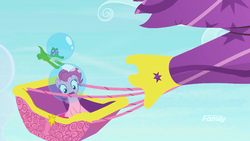 Size: 1920x1080 | Tagged: safe, screencap, gummy, pinkie pie, alligator, earth pony, pony, g4, season 9, bubble, duo, female, hot air balloon, male, mare, twinkling balloon