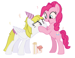 Size: 1588x1232 | Tagged: safe, artist:toybonnie54320, pinkie pie, surprise, pony, g1, g4, bow, g1 to g4, generation leap, hat, open mouth, party hat, present, simple background, streamers, tail, tail bow, transparent background