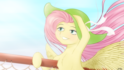 Size: 4800x2700 | Tagged: safe, artist:maneingreen, fluttershy, pegasus, pony, g4, cheek fluff, chest fluff, female, hat, smiling, solo, wings