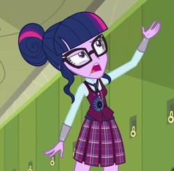 Size: 642x630 | Tagged: safe, screencap, sci-twi, twilight sparkle, equestria girls, g4, my little pony equestria girls: friendship games, clothes, cropped, crystal prep academy uniform, female, glasses, hair bun, lockers, magic capture device, pleated skirt, school uniform, skirt