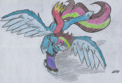 Size: 2500x1698 | Tagged: safe, artist:adilord, oc, oc only, pegasus, pony, blue skin, clothes, dynamic pose, ear piercing, earring, female, jewelry, mare, pencil drawing, piercing, scarf, simple background, solo, traditional art, white background, wings