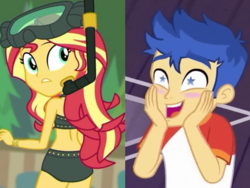 Size: 1360x1024 | Tagged: safe, edit, screencap, flash sentry, sunset shimmer, equestria girls, equestria girls specials, g4, my little pony equestria girls: better together, my little pony equestria girls: spring breakdown, unsolved selfie mysteries, ass, beach shorts swimsuit, bunset shimmer, butt, female, male, reaction, ship:flashimmer, shipping, starry eyes, straight, sunset shimmer's beach shorts swimsuit, wingding eyes