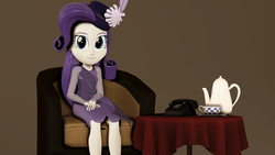 Size: 4560x2565 | Tagged: safe, artist:backmaker, rarity, equestria girls, g4, 3d, cup, detective rarity, female, food, sitting, solo, source filmmaker, tea, teacup