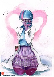Size: 2409x3437 | Tagged: safe, artist:mashiromiku, sci-twi, twilight sparkle, equestria girls, g4, belly button, clothes, glasses, high res, kneeling, lab coat, midriff, patreon, patreon logo, traditional art, watercolor painting