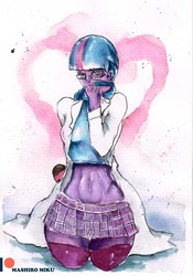 Size: 2409x3437 | Tagged: safe, alternate version, artist:mashiromiku, twilight sparkle, equestria girls, g4, clothes, glasses, high res, kneeling, lab coat, midriff, patreon, patreon logo, traditional art, watercolor painting