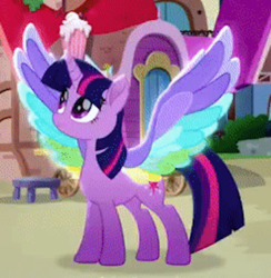 Size: 397x406 | Tagged: safe, twilight sparkle, alicorn, pony, g4, rainbow roadtrip, colored wings, female, grainy, hope hollow, mare, movie accurate, multicolored wings, rainbow wings, solo, spread wings, twilight sparkle (alicorn), wing bling, wings