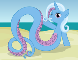 Size: 2750x2115 | Tagged: safe, artist:badumsquish, derpibooru exclusive, trixie, original species, pony, tentacle pony, unicorn, g4, beach, female, grin, high res, one eye closed, pose, pun in description, raised hoof, show accurate, sitting, smiling, solo, species swap, suckers, tentacles, wink