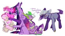 Size: 1561x869 | Tagged: safe, artist:eqq_scremble, derpibooru exclusive, limestone pie, spike, twilight sparkle, alicorn, dragon, earth pony, pony, soul bond au, g4, alternate design, alternate universe, angry, book, cloven hooves, crossed arms, crossed legs, female, lesbian, magic, male, mare, paper, quill, scowl, shipping, smoke, tired, twilight sparkle (alicorn), twimestone