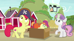 Size: 1280x720 | Tagged: safe, edit, edited screencap, screencap, apple bloom, scootaloo, sweetie belle, ponytaur, g4, hard to say anything, apple, apple tree, box, clothes, costume, cutie mark crusaders, dressup, female, filly, food, glasses, glowing horn, hat, hay bale, horn, leaning, magic, pirate hat, sweet apple acres, tree
