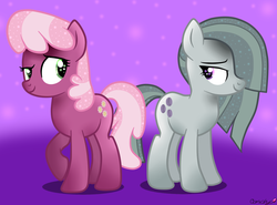 Size: 1173x869 | Tagged: safe, artist:angelina-pax, artist:candydrop5, cheerilee, marble pie, earth pony, pony, g4, base used, bedroom eyes, duo, female, hair over one eye, looking at each other, mare, raised eyebrow, raised hoof