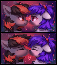 Size: 1280x1445 | Tagged: safe, artist:lispp, oc, oc only, pony, 2 panel comic, abstract background, comic, cute, eye contact, female, floppy ears, heart, kiss on the lips, kissing, looking at each other, male, mare, red eyes, shipping, stallion, straight