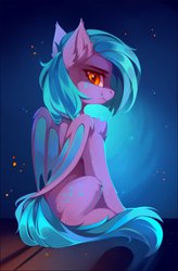 Size: 1540x2349 | Tagged: safe, artist:share dast, oc, oc only, bat pony, pony, fangs, female, freckles, looking at you, looking back, looking back at you, smiling, solo