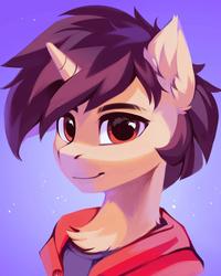 Size: 1412x1765 | Tagged: safe, artist:share dast, oc, oc only, pony, unicorn, bust, chest fluff, clothes, ear fluff, fluffy mane, male, neck fluff, purple background, simple background, smiling, solo, stallion