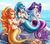Size: 1125x1000 | Tagged: safe, artist:racoonsan, adagio dazzle, aria blaze, sonata dusk, mermaid, siren, starfish, equestria girls, g4, adorasexy, angry, bare shoulders, belly button, blurry background, breasts, busty adagio dazzle, cute, cute little fangs, dripping, ear fins, eyelashes, eyeshadow, fangs, female, fish tail, frown, gem, hair tie, human coloration, lidded eyes, long nails, makeup, mermaidized, nail polish, noblewoman's laugh, ocean, open mouth, outdoors, patreon, pigtails, playful, ponytail, raised eyebrow, reasonably sized breasts, rock, scales, sexy, siren gem, sirens doing siren things, sitting, sleeveless, sonatabetes, species swap, spiked headband, splash, splashing, strapless, sweat, sweatdrop, the dazzlings, trio, trio female, twintails, unamused, vein, vein bulge, water, wet