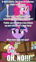 Size: 1280x2160 | Tagged: safe, edit, edited screencap, screencap, pinkie pie, twilight sparkle, alicorn, earth pony, pony, g4, my little pony best gift ever, season 9, the beginning of the end, caption, clothes, comic, floppy ears, hat, image macro, impact font, implied tree of harmony, it could happen, major spoilers, scarf, screencap comic, text, twilight sparkle (alicorn), winter outfit