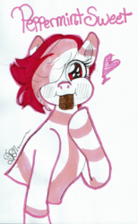 Size: 546x888 | Tagged: safe, artist:tragic-seti, oc, oc only, oc:peppermint sweet (ice1517), earth pony, pony, chocolate, eating, female, food, hair over one eye, heart, heart eyes, mare, markings, nom, raised hoof, simple background, solo, traditional art, white background, wingding eyes