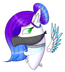 Size: 881x986 | Tagged: safe, artist:rose-blade, oc, oc only, oc:fly-bi, pegasus, pony, bandana, bust, chest fluff, choker, colored wings, ear fluff, ear piercing, earring, female, floating wings, jewelry, mare, multicolored wings, multiple penetration, necklace, piercing, signature, simple background, solo, transparent background, wing piercing, wings