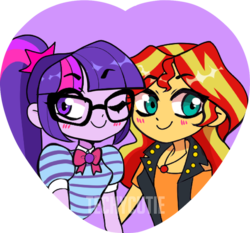 Size: 600x560 | Tagged: safe, artist:techycutie, sci-twi, sunset shimmer, twilight sparkle, equestria girls, g4, my little pony equestria girls: better together, blushing, cute, female, geode of empathy, geode of telekinesis, heart, lesbian, magical geodes, shimmerbetes, ship:sci-twishimmer, ship:sunsetsparkle, shipping, twiabetes, watermark