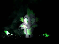 Size: 960x720 | Tagged: safe, screencap, spike, dragon, g4, season 9, black background, fire, green fire, hand over mouth, male, simple background, tail, winged spike, wings