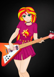 Size: 596x850 | Tagged: safe, artist:anonix123, sunset shimmer, human, equestria girls, equestria girls series, g4, spring breakdown, spoiler:eqg series (season 2), beautiful, clothes, cute, dark background, dress, female, guitar, human coloration, legs, skirt, smiling, solo