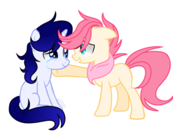 Size: 1961x1499 | Tagged: dead source, safe, artist:rainbows-skies, oc, oc only, oc:blueberry pie, oc:strawberry butter, earth pony, pony, unicorn, clothes, crying, looking at each other, looking at someone, male, scarf, simple background, sitting, stallion, transparent background