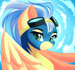 Size: 2541x2360 | Tagged: safe, artist:airiniblock, misty fly, pegasus, pony, rcf community, g4, beautiful, clothes, cloud, cute, ear fluff, featured image, female, goggles, high res, mare, sexy, sky, solo, uniform, wonderbolts uniform