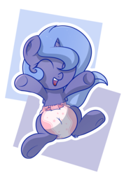 Size: 1280x1810 | Tagged: safe, artist:zalakir, princess luna, alicorn, pony, abstract background, baby, baby pony, cute, daaaaaaaaaaaw, diaper, eyes closed, female, filly, foal, happy, lunabetes, simple background, smiling, solo, weapons-grade cute, woona, younger
