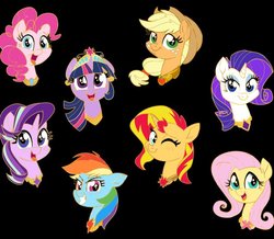 Size: 1050x915 | Tagged: dead source, safe, artist:sophie scruggs, applejack, fluttershy, pinkie pie, rainbow dash, rarity, starlight glimmer, sunset shimmer, twilight sparkle, earth pony, pegasus, pony, unicorn, g4, alternate mane seven, big crown thingy, black background, bust, element of forgiveness, element of generosity, element of honesty, element of justice, element of kindness, element of laughter, element of loyalty, element of magic, elements of harmony, jewelry, looking at you, mane six, portrait, regalia, simple background, smiling