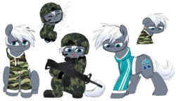 Size: 1249x714 | Tagged: safe, artist:airctic, oc, oc only, oc:airctic, earth pony, pony, crying, cute, female, filly, looking at you, military, reference sheet, smiling, solo, weapon, white mane