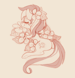 Size: 622x644 | Tagged: safe, artist:dreamyri, roseluck, earth pony, pony, g4, eyes closed, female, flower, flower in hair, mare, monochrome, prone, sketch, smiling, solo
