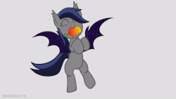 Size: 600x338 | Tagged: safe, artist:stormxf3, oc, oc only, oc:echo, bat pony, pony, g4, animated, bat pony oc, bipedal, cute, dancing, ear tufts, eyes closed, female, food, gray background, happy, hnnng, mango, mare, mouth hold, nom, ocbetes, simple background, smiling, solo, spread wings, that bat pony sure does love fruits, that batpony sure does love mangoes, weapons-grade cute, wings