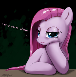 Size: 900x913 | Tagged: safe, artist:johnjoseco, edit, pinkie pie, earth pony, pony, g4, abstract background, bored, cute, cuteamena, dialogue, dialogue edit, female, hoof on cheek, looking at you, mare, photoshop, pinkamena diane pie, sigh, signature, solo
