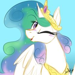 Size: 2000x2000 | Tagged: safe, artist:jen-neigh, princess celestia, alicorn, pony, g4, blue background, blushing, cute, cutelestia, female, high res, jewelry, mare, one eye closed, open mouth, regalia, signature, simple background, solo, wink