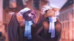 Size: 3840x2160 | Tagged: safe, artist:orfartina, oc, oc only, bat pony, anthro, 4k, anthro oc, bat pony oc, building, clothes, commission, couple, eyes closed, female, glasses, high res, male, smiling, snow, ych result