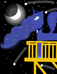 Size: 1491x1916 | Tagged: safe, artist:asiandra dash, princess luna, alicorn, pony, g4, balcony, black background, comet, crown, ethereal mane, eyeshadow, full moon, hoof shoes, jewelry, makeup, moon, necklace, night, regalia, shooting stars, simple background, smiling, solo, spread wings, starry mane, starry sky, stars, wings